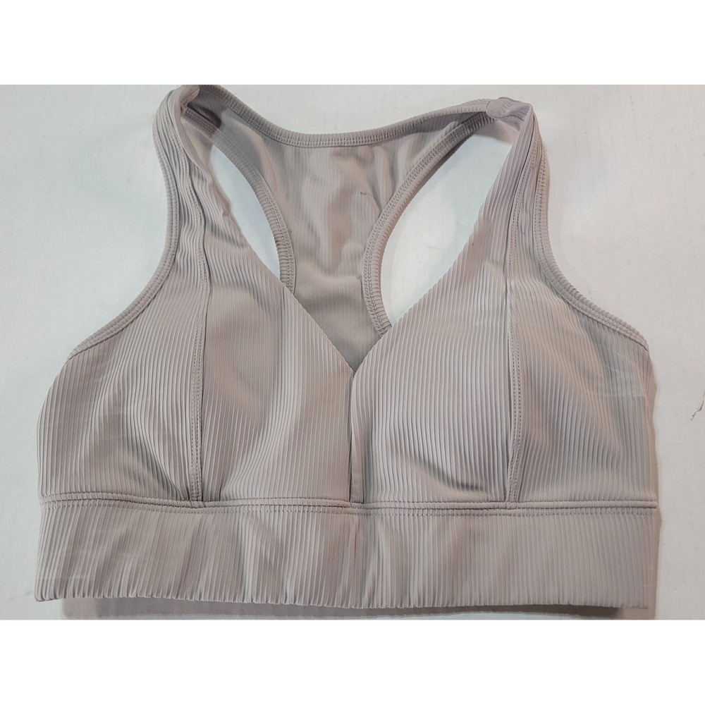 Avia Womens Ribbed‎ Racerback Sports Bra Taupe Grey V-Neck Medium